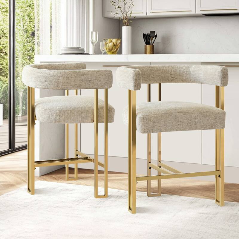 25" Seat Height Upholstered Chenille Gold Matel Counter Stool - Oatmeal-2-piece - Set of 2