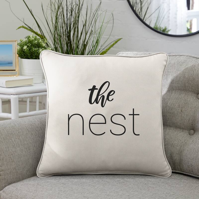 Sunbrella Indoor/Outdoor Single Embroidered Pillow - "The Nest" - 18 in L x 18 in W - Canvas Natural with Black Words