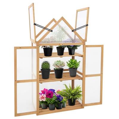 EAGLE PEAK Garden Cold Frame Greenhouse with Adjustable Shelf, 27x16x52in,Wood Frame with PC Windows & Vented Roof, Natural