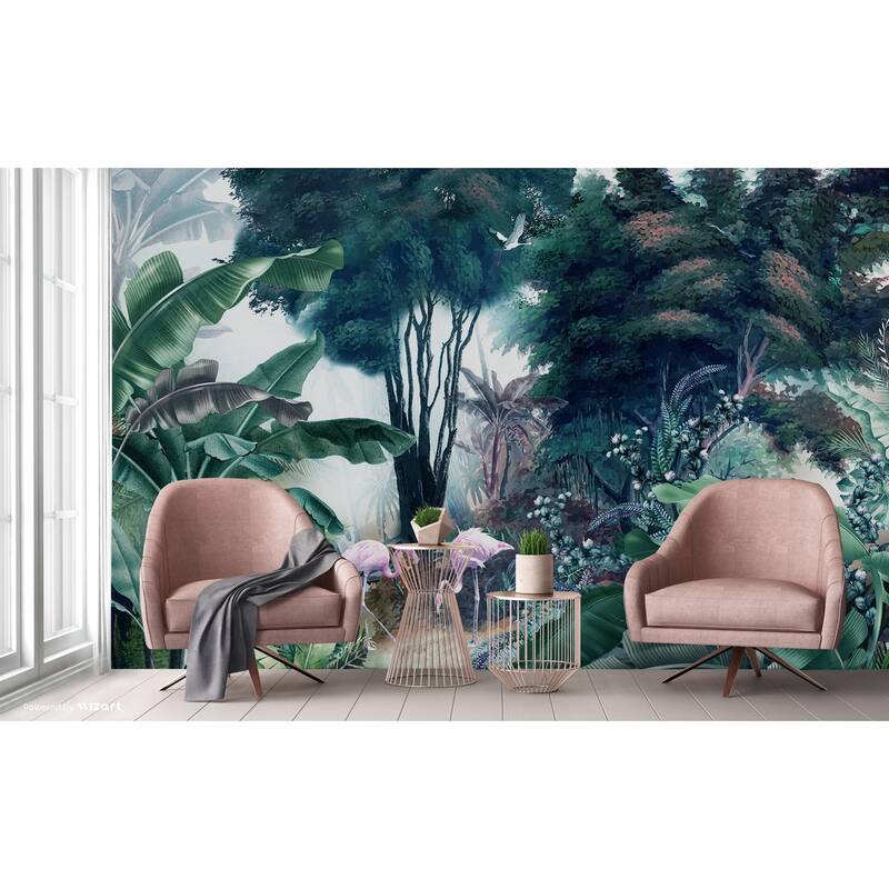 Exotic Jungle Mural Vibrant Flamingos and Tropical Foliage Design