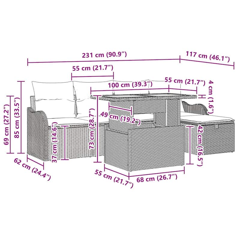 vidaXL 6 Garden Sofa Set with Cushions Black/Grey Poly Rattan - 90.9 x 46.1 x 27.2