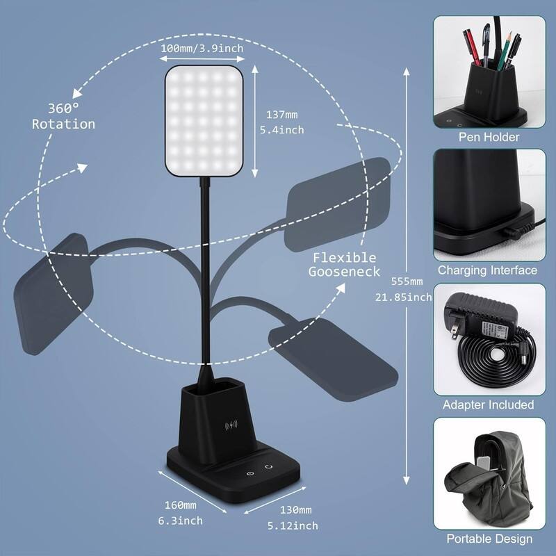 Small Desk Lamp with Pen Holder,3 Modes Dimmable Touch - 6.3"D x 5.12"W x 21.85"H