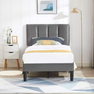 VECELO Tufted Upholstered Platform Bed Frame with Adjustable Height Headboard Twin/Full/Queen Size Beds,Grey