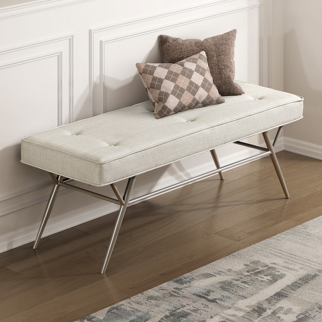 Malibu 48" Textured Fabric Bench - Champagne Finish Iron Metal Frame