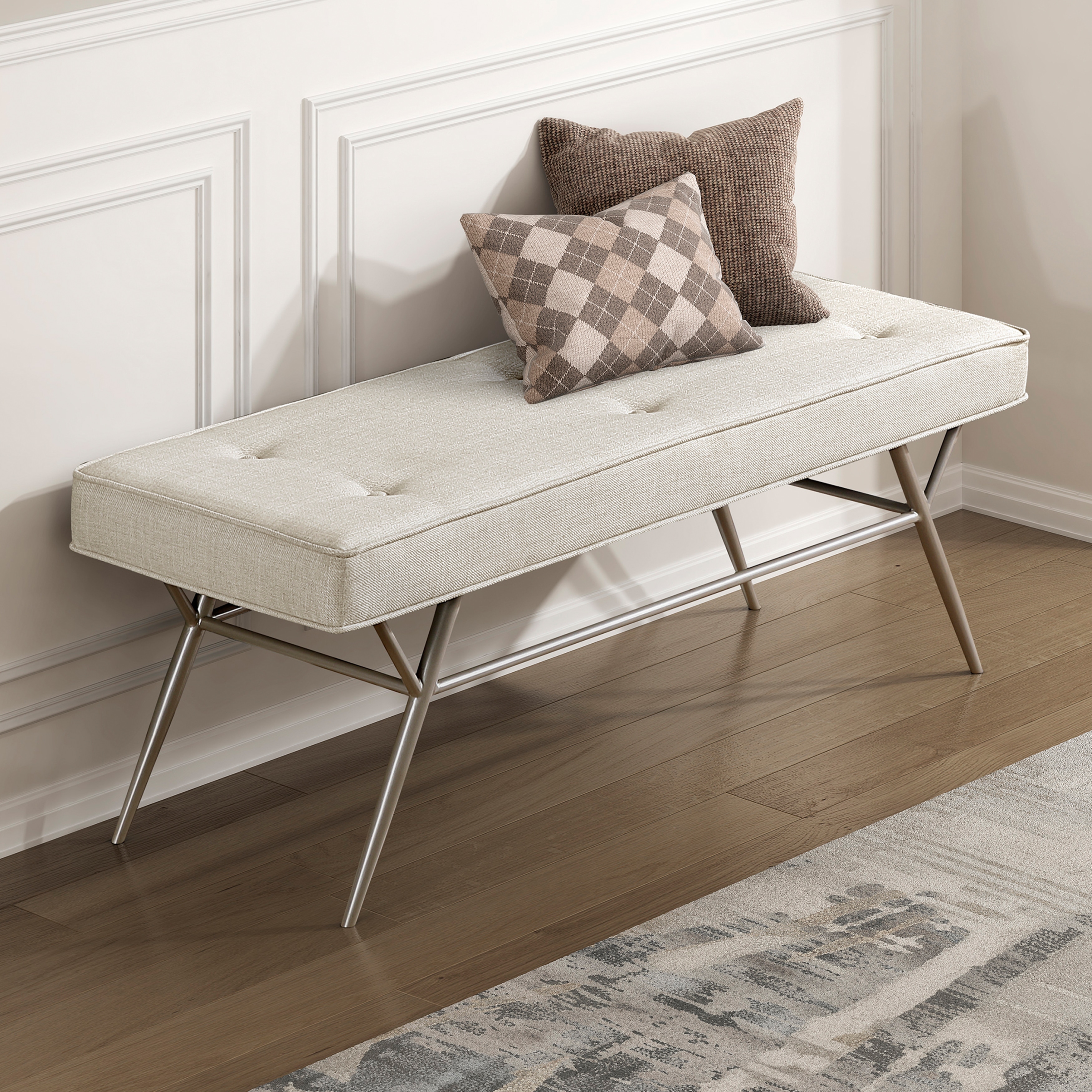 Fremont & Park Malibu 48" Textured Fabric Bench - Champagne Finish Iron Metal Frame