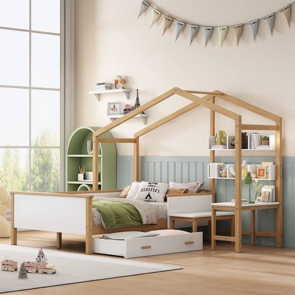 slide 2 of 10, Full Size Wooden House Bed Original Wood Colored Frame with Drawer, Platform Bed with Desk and Bookshelf, White White
