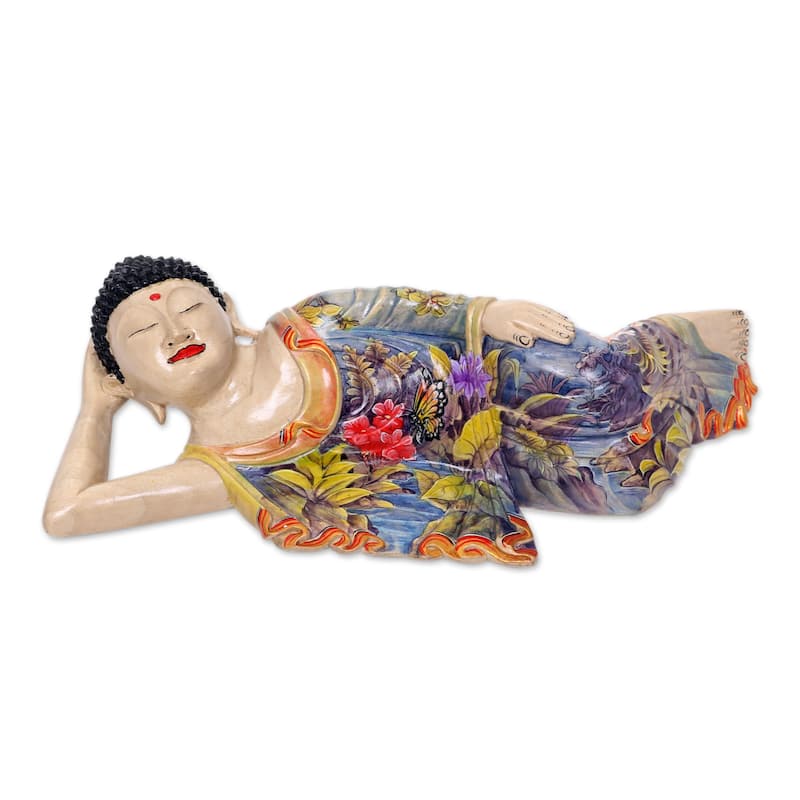 Novica Handmade Sleeping Balinese Buddha Wood Sculpture