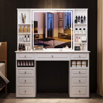 Modern Vanity Set with Lighted Mirror,Extra Large Mirror Makeup Vanity Table with 9 Drawers,European Style Vanity