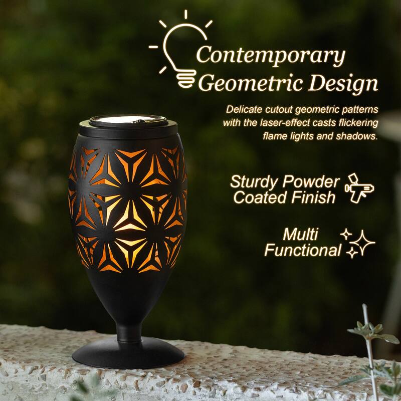 Glitzhome 8.75"H Set of 2 Black Metal Cutout Geometric Pattern Solar Powered Outdoor Lantern with LED Light