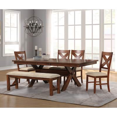 Roundhill Furniture Karven Wood 6-Piece Dining Set, Extendable Trestle Dining Table with 4 Chairs and Bench, Dark Hazelnut