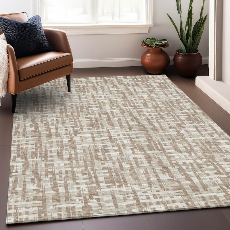 Machine Washable Indoor/ Outdoor Modern Crosshatch Chantille Rug - Tan - 8' x 10'