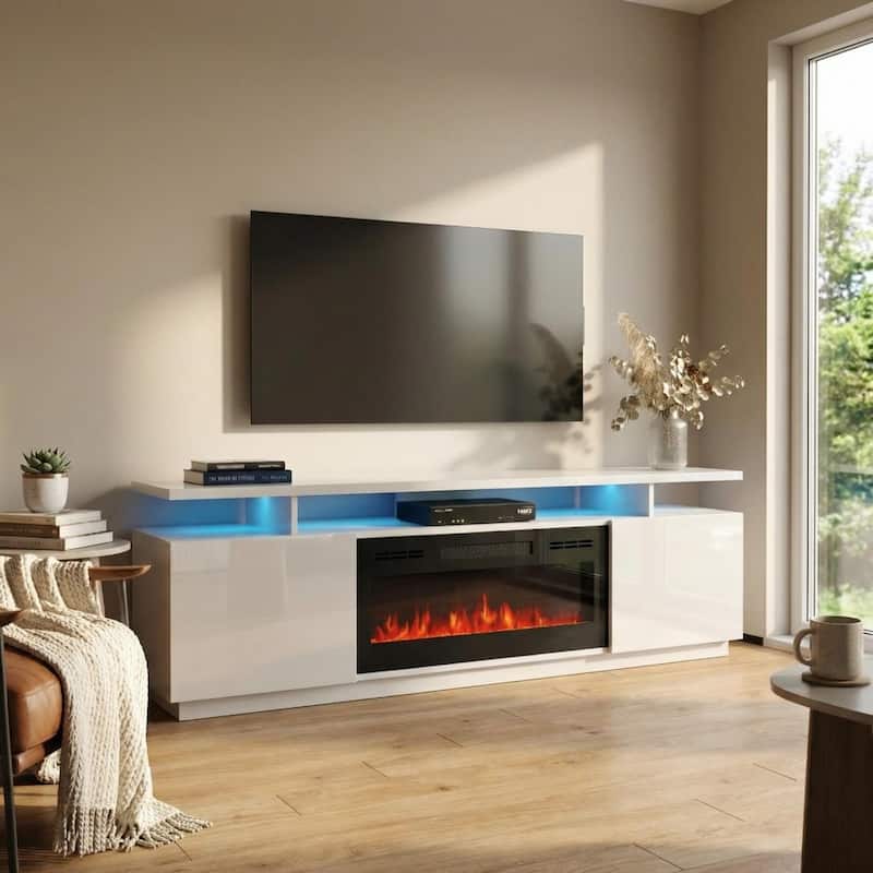 Meble Furniture Eva 71" E-Fireplace TV Stand w/LED, Temperature Control & Remote, Fits TVs up to for up to 80" TVs