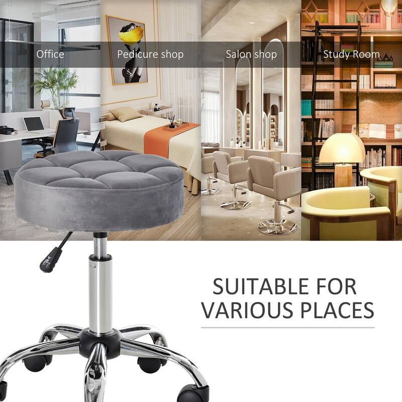 HOMCOM Round Vanity Stool with Height Adjustable Lift, Luxury Style Upholstery and Swivel Seat and Wheels - 13.75"x13.75"x24"