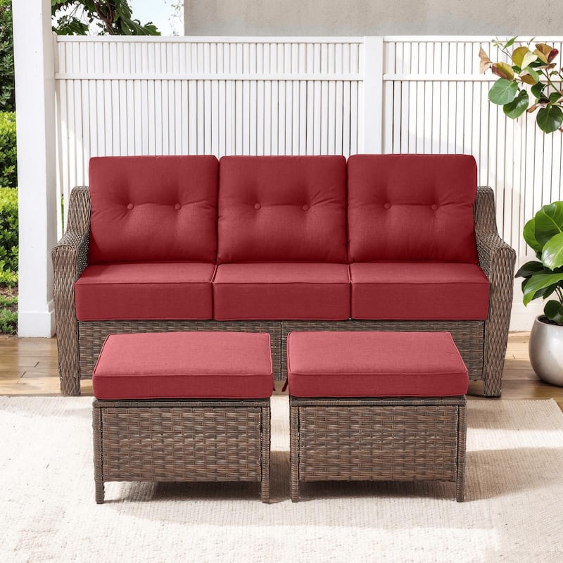 Outdoor 3-Seat Sofa with Ottomans - Brown Wicker & Red Cushion - 3PCS Sofa with Ottoman
