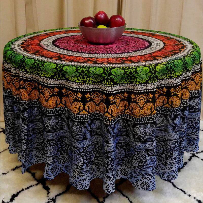 Cotton Flamboyant Elephant Floral Round Tablecloth Collection - Blue Green Yellow Red