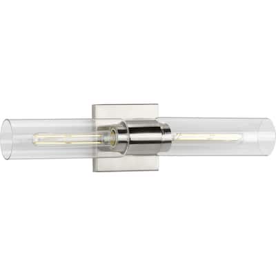 Clarion Collection Two-Light Brushed Nickel and Clear Glass Modern Style Bath Vanity Wall Light - 20.37 in x 4 in x 5 in
