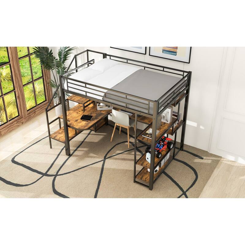 Full Size Metal Loft Bed with Storage Staircase and Small Wardrobe, Built-in Desk and Storage Shelves
