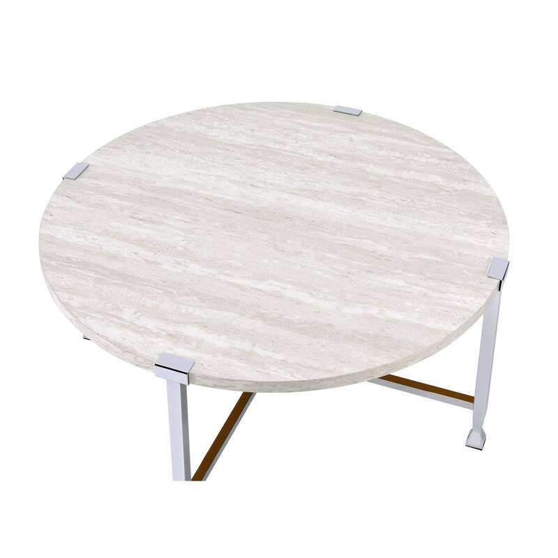 Coffee Table with X Shaped Metal Base and Round Wooden Top,Silver and Beige