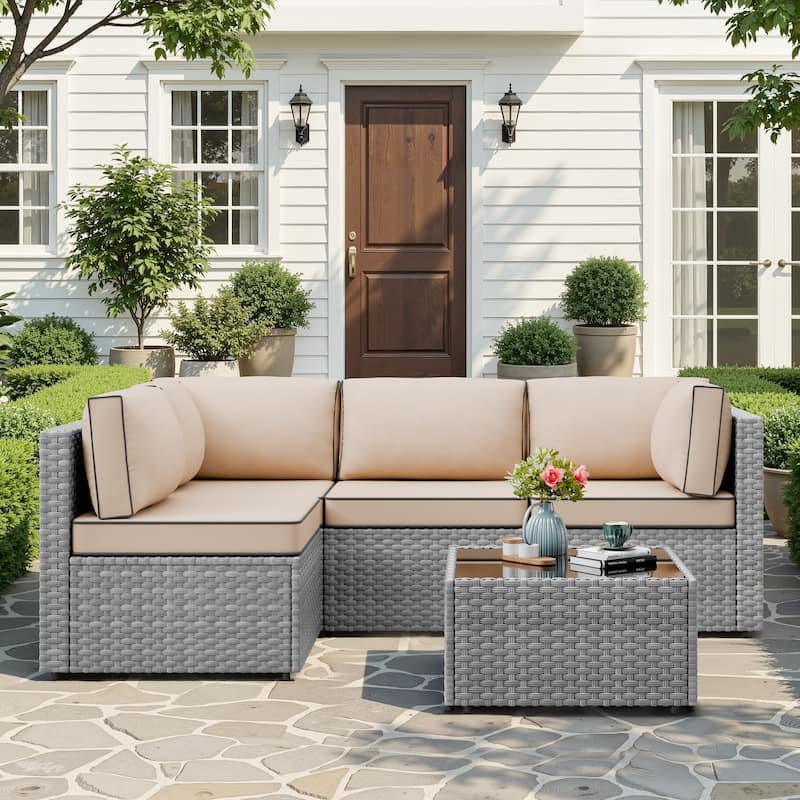 Outdoor 5-Piece Wicker Sectional Sofa Patio Conversation Set with Table - Khaki/Silver