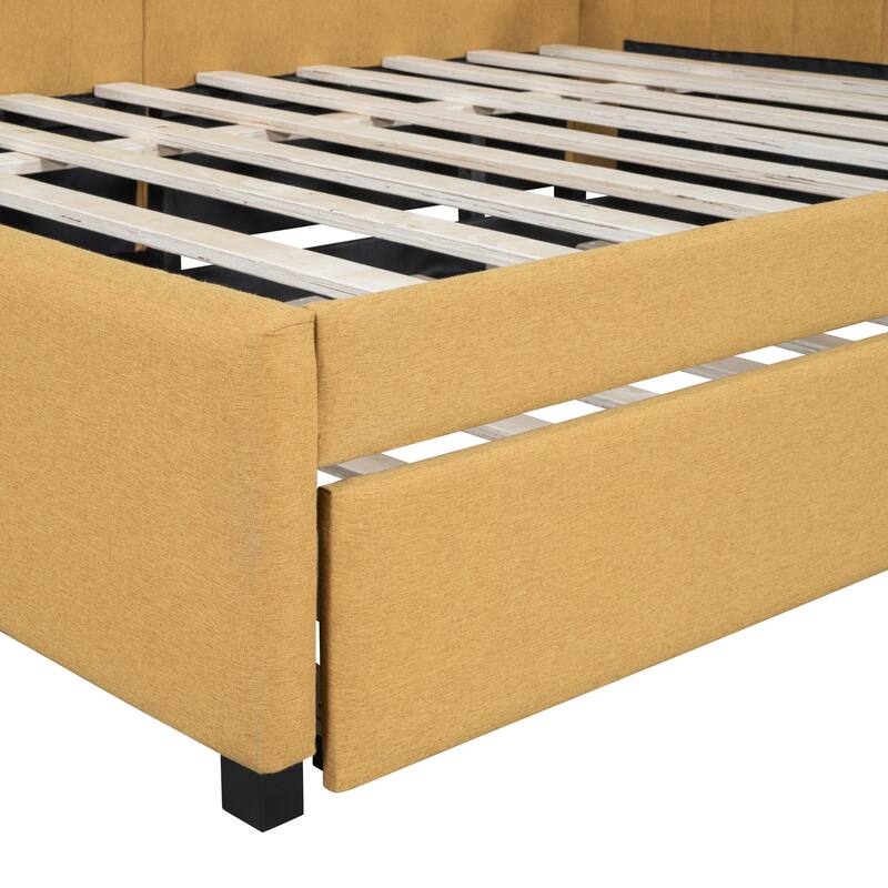 L-Shaped Backrest Daybed Upholstered Daybed Frame Classic Wood Slats Design with 2 Storage Drawers or Trundle, Full Size
