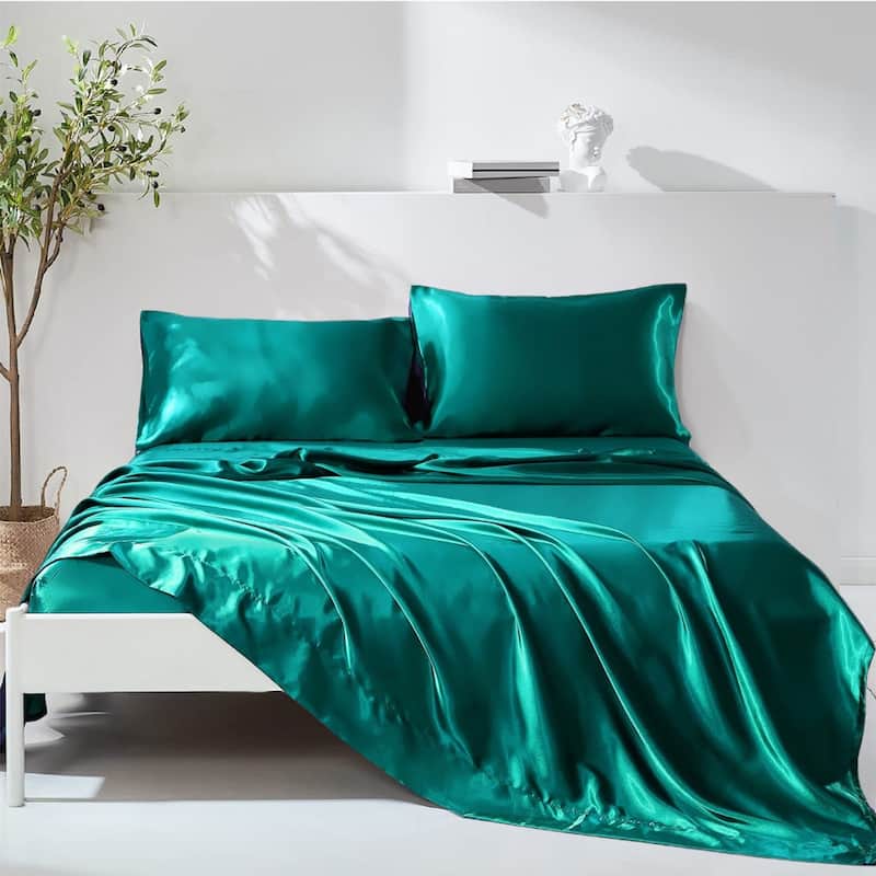Silky Satin Bed Sheets Set Pillowcase Deep Pocket Flat Fitted Sheet