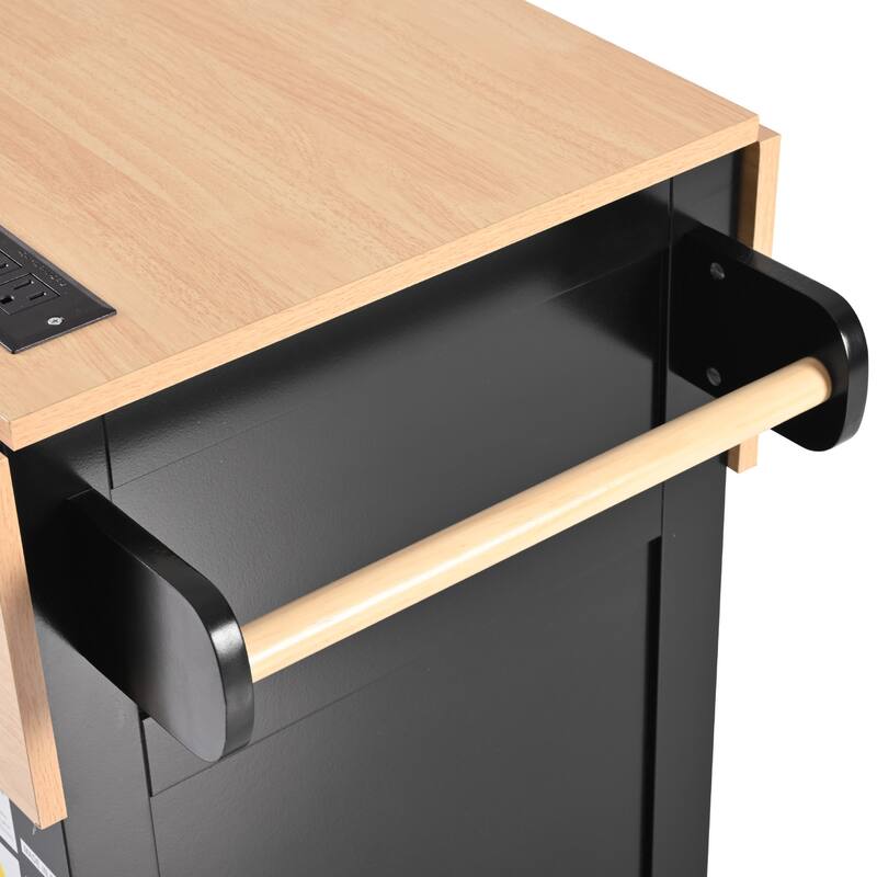 55.75'' Kitchen Island with 2 Drop Leaf, Rolling Wheels, Power Outlet, Spice & Towel Rack and 3 Drawers