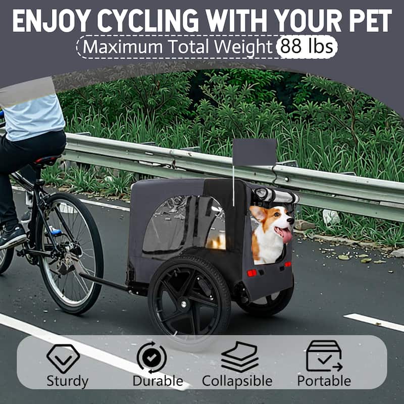 Heavy Duty Collapsible Pet Bike Trailer with 16" Wheels, Foldable Dog Bicycle Carrier Cart with Hitch & Reflectors