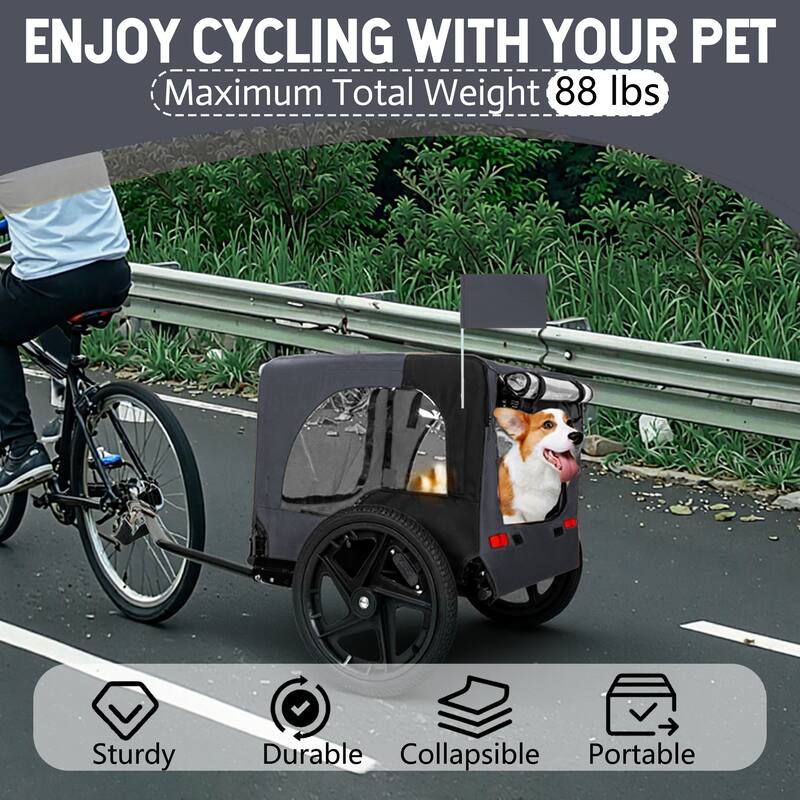 Outdoor Heavy Duty Collapsible Pet Bike Trailer with 16-Inch All-Terrain Wheels & Universal Hitch, Foldable Carrier Cart