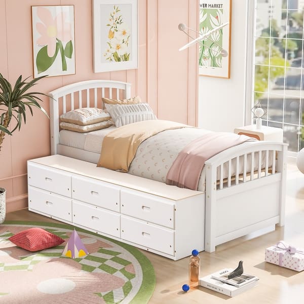 slide 2 of 18, Twin Size Platform Bed Wood Kids Storage Bed with 6 Storage Drawers and Slatted Frame White