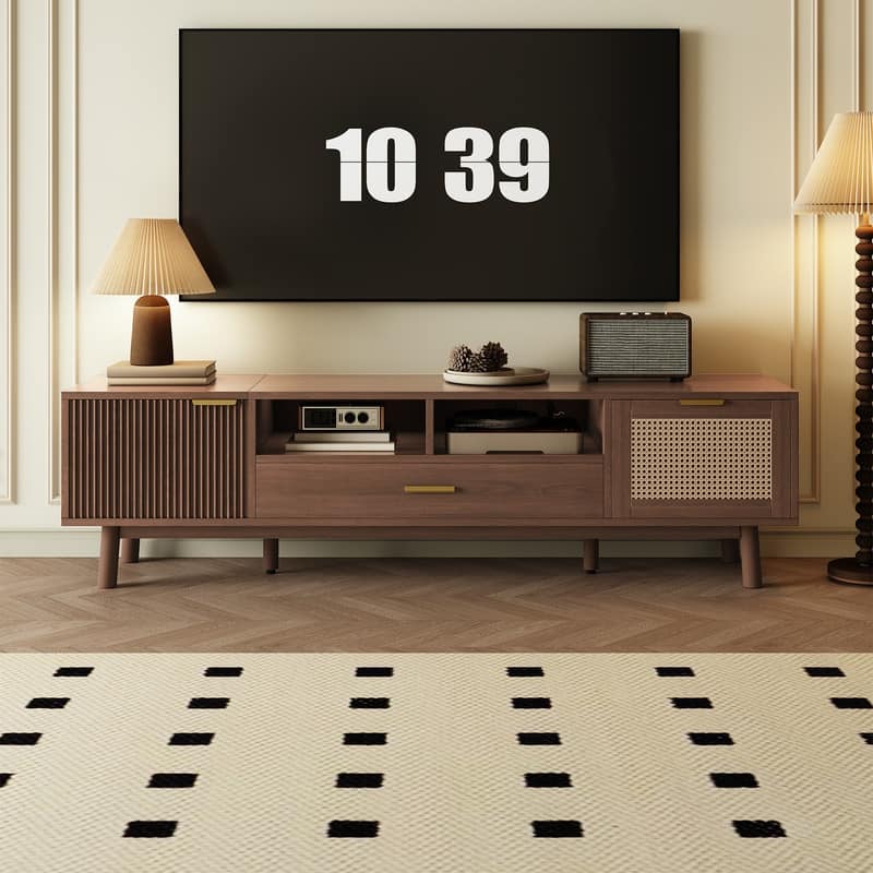 Wood Fashionable TV Stand for 75" TVs, TV Cabinet with Soft-Closing Door and Drop-Down Door Cabinet,Dark Brown