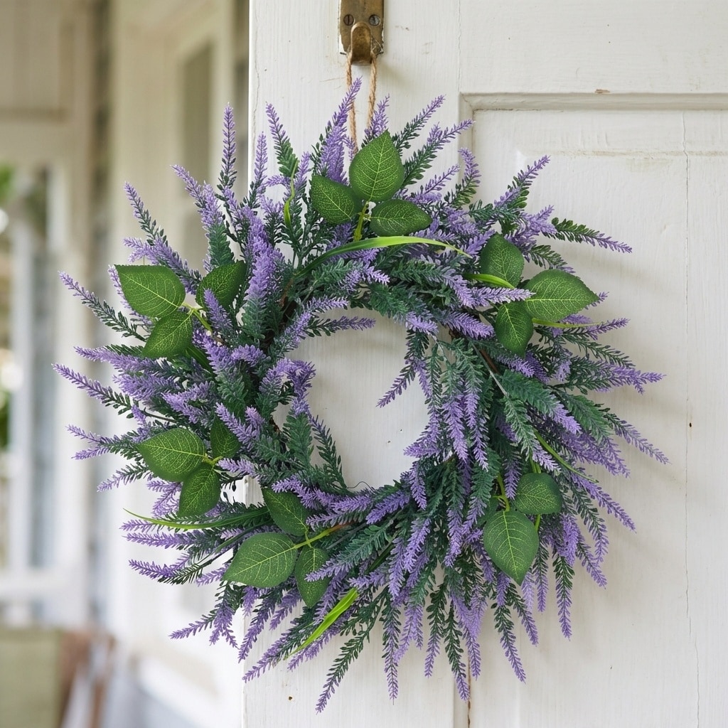 20" Lavender Wreath for Front Door, Spring Summer with Artificial Lavender & Foliage for Home Porch Wedding Decor