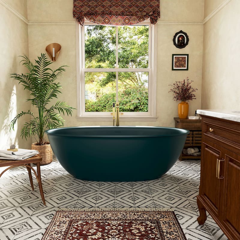 Luxury Flatbottom Solid Surface Freestanding Soaking Bathtub with Discreet Towel Slot and Drain Assembly