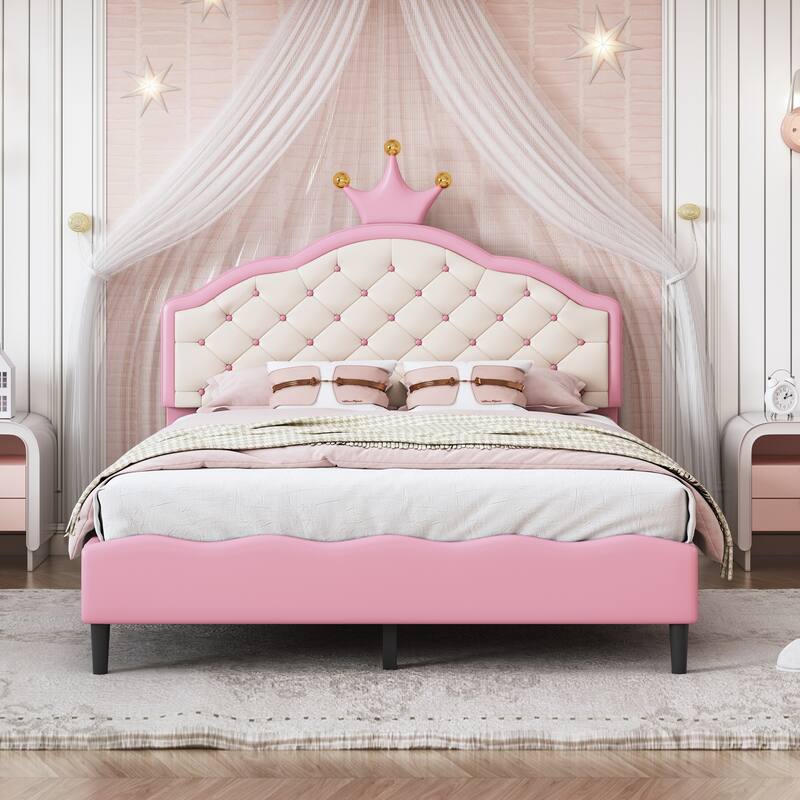 Full Size Princess Bed with Dreamy Crown Headboard, Soft PU Leather Upholstery, and Tufted Detailing - Pink & Cream