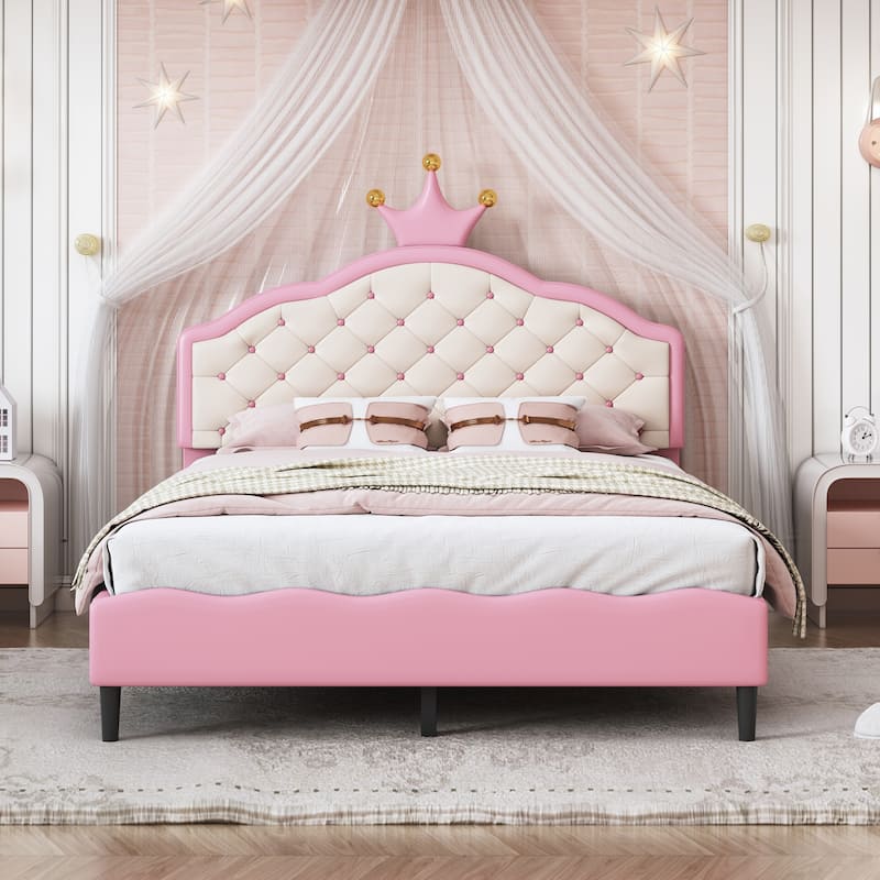 Full size Wood Lovely Crown Fantasy Princess Bed with Tufted Headboard