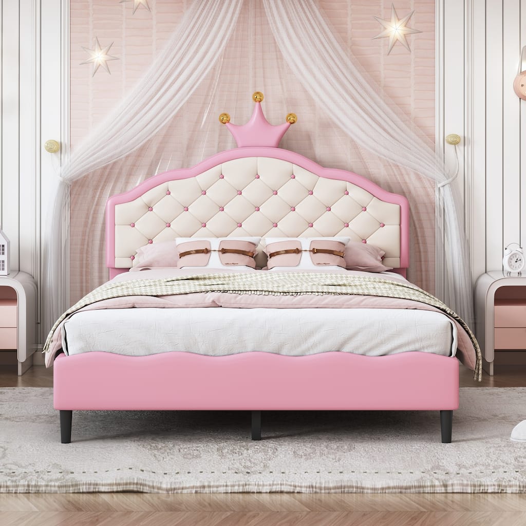 Lovely Crown Fantasy Princess Bed, PU Leather Tufted Headboard Platform Bed, Kids Wood Slat Panel Bed