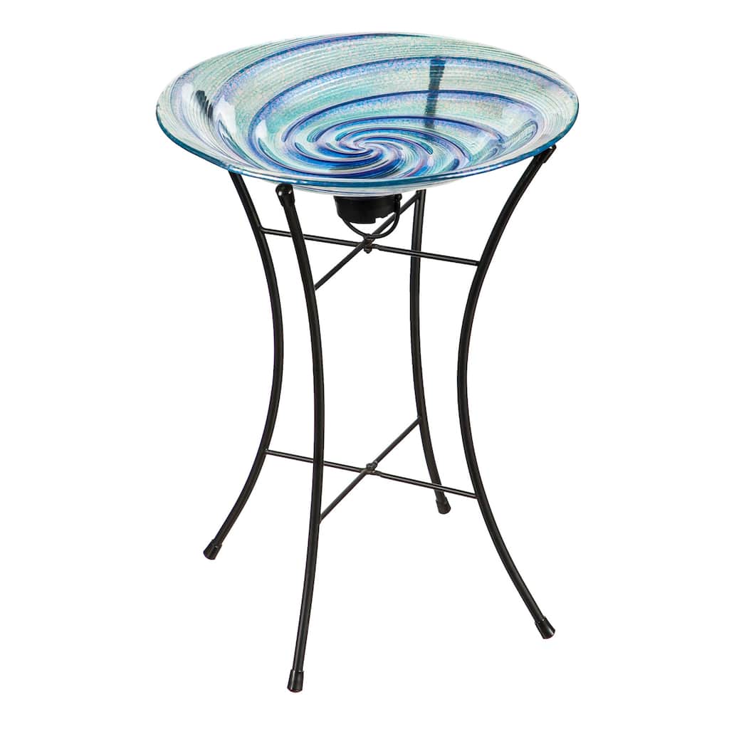 15" Swirl Glass Bird Bath with Solar Stand, Blue