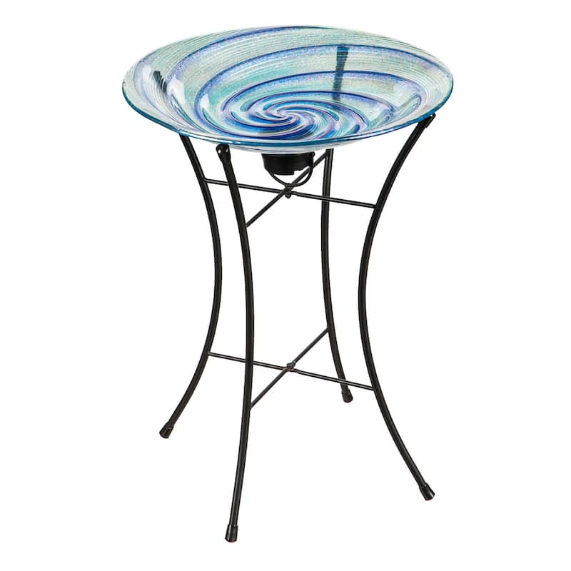 15" Swirl Glass Bird Bath with Solar Stand, Blue