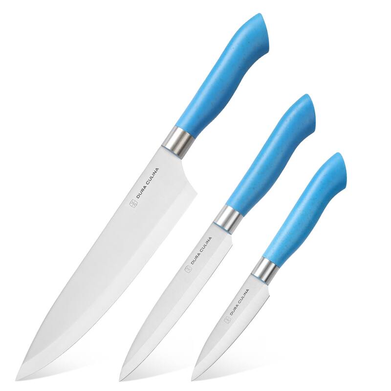 Dura Living EcoCut 3-Piece Kitchen Knife Set - High Carbon Stainless Steel Blades, Eco-Friendly Handles with Sheaths - Blue - 6 Piece