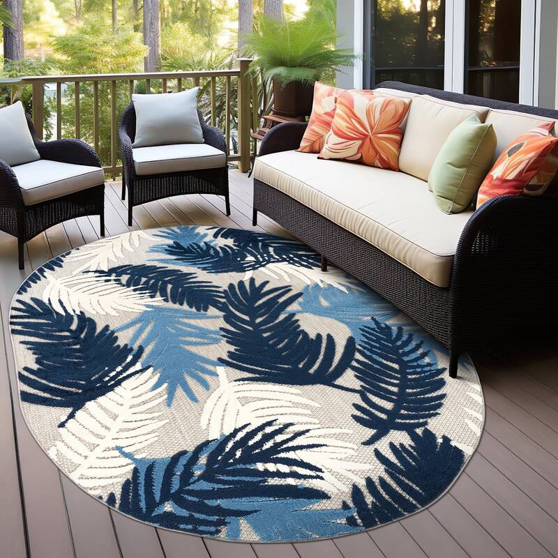 World Rug Gallery Tropical Floral Modern Indoor/Outdoor Area Rug - 5' X 7' OVAL - Navy