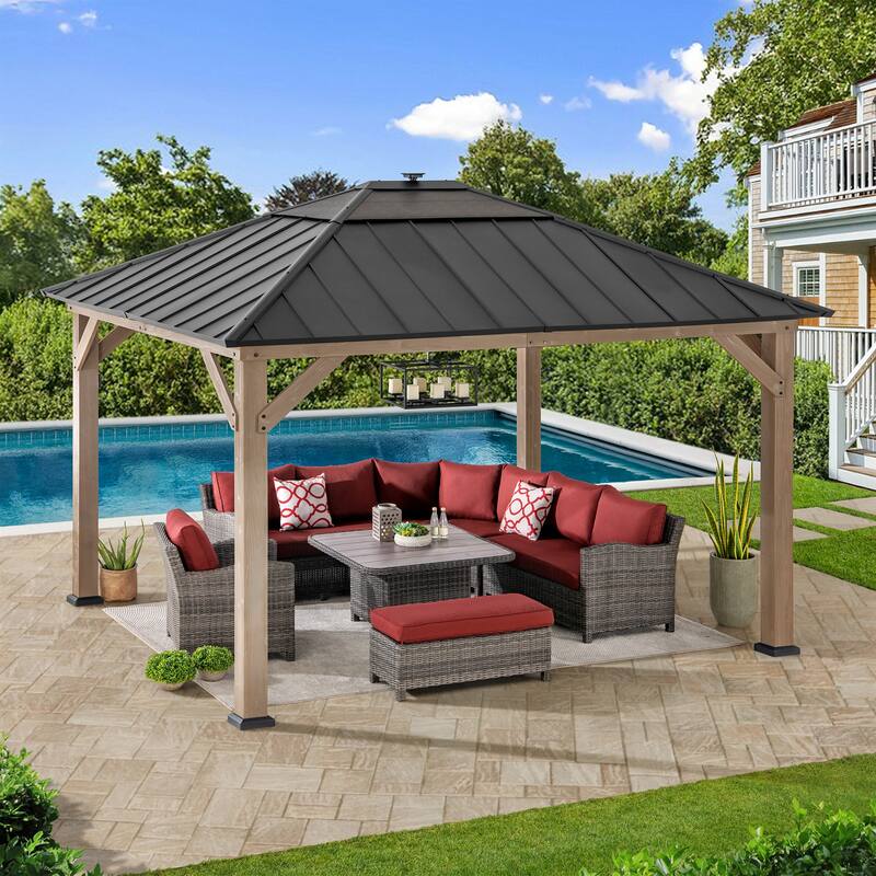 Sunjoy Outdoor Hardtop Gazebo Wooden Pergola with One-Tier Metal Roof, LED Light and Ceiling Hook - Brown