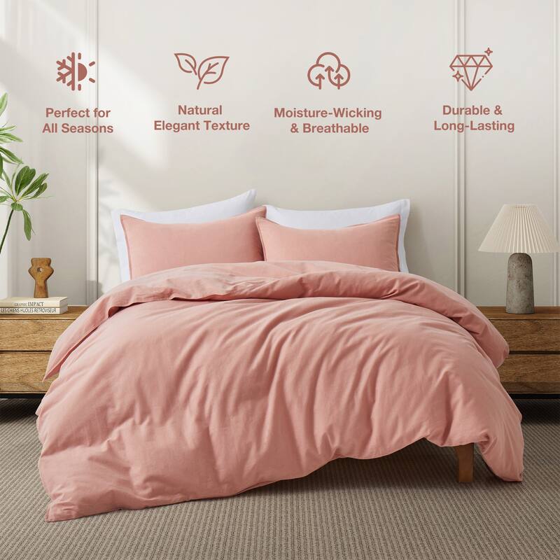Flax Linen Cotton Blend Duvet Cover Set, Durable, Breathable and Moisture-Wicking, 3 Piece Bedding Set - Full - Queen - Pink