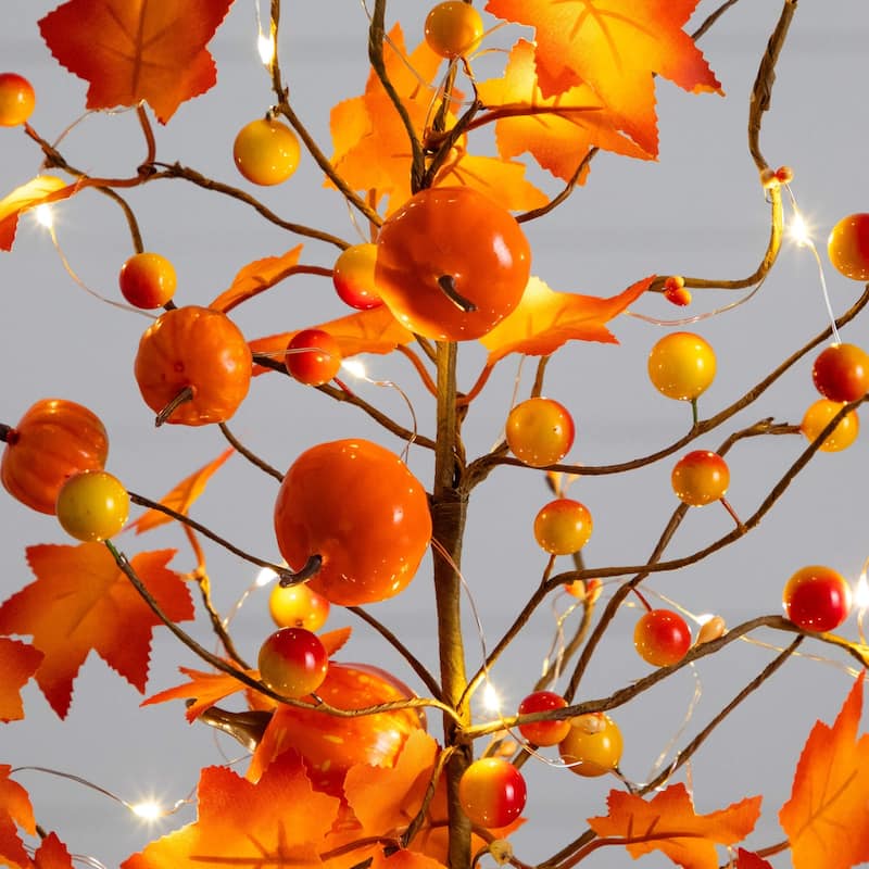 Pre-Lit Autumn Maple Artificial Fall Tree with Pumpkin Ornaments - 18" - Warm White LED String Lights