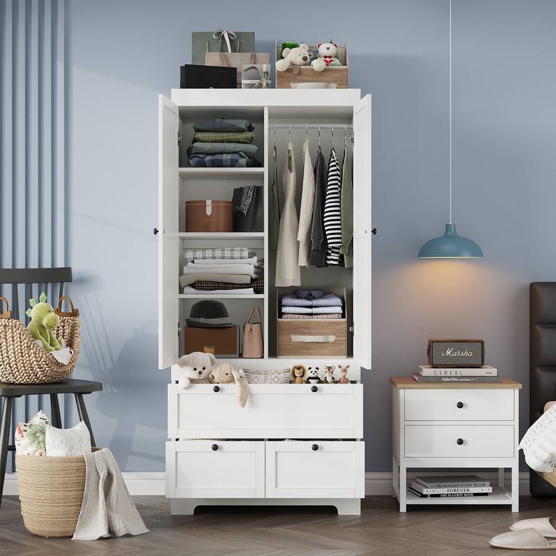 Gyomojoy Large White Wardrobe Closet with Drawers & Doors, Modular Armoire with Hanging Rods, Apartment & Dorm Storage