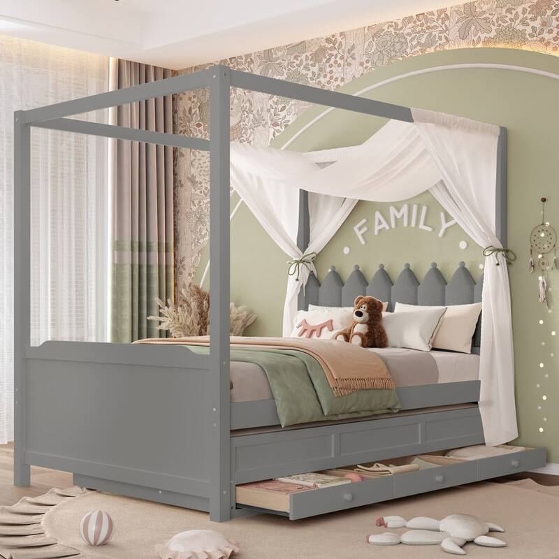 Full/Twin Platform Bed with Upholstered Headboard, Trundle & 3 Drawers, Princess Canopy Bed - Grey - Full