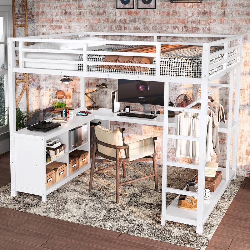 Metal Loft Bed with Wardrobe and L-shaped Desk, Full Size Loft Bed with Storage Cubes and Shelves