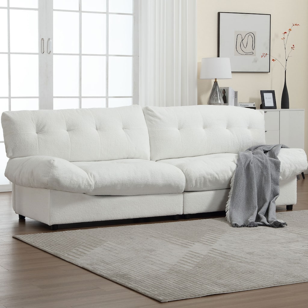 White 96.46" Fabric 2-Seater Sofa with Button Tufting, Comfy and Sturdy Frame for Apartments and Living Rooms