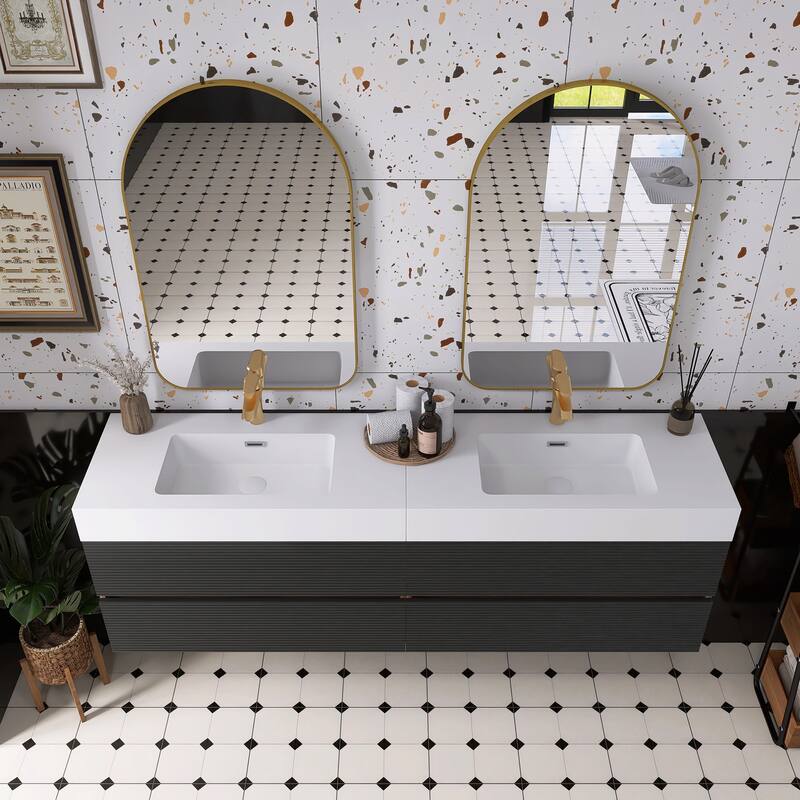 Wall Mounted Bathroom Vanity with Solid Surface Sink and Soft Drawers
