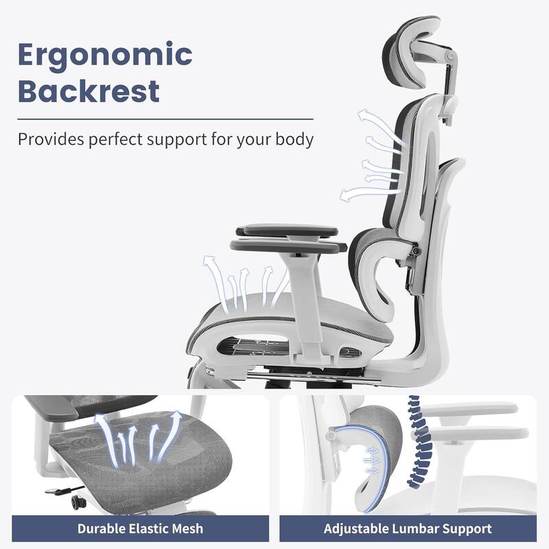 Ergonomic Mesh Office Chair with Footrest, Adjustable Lumbar Support, High Back Tilt Desk Chair for Adults
