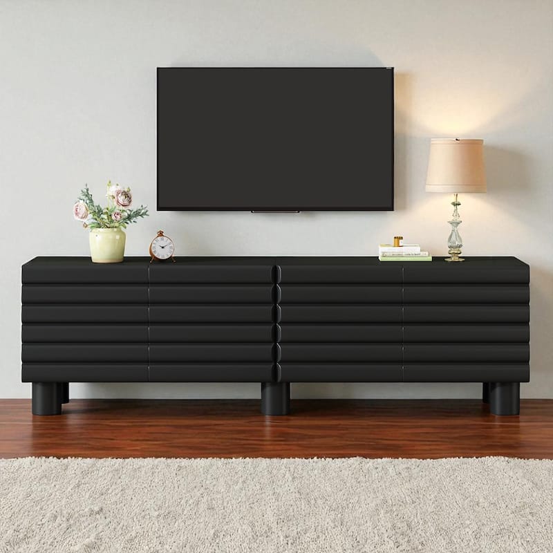 70.8 Inch Modern Cream TV Stand with Wavy Doors, 4 Cabinets, Adjustable Shelves, Cable Holes, Media Console for TVs Up to 75" - Black