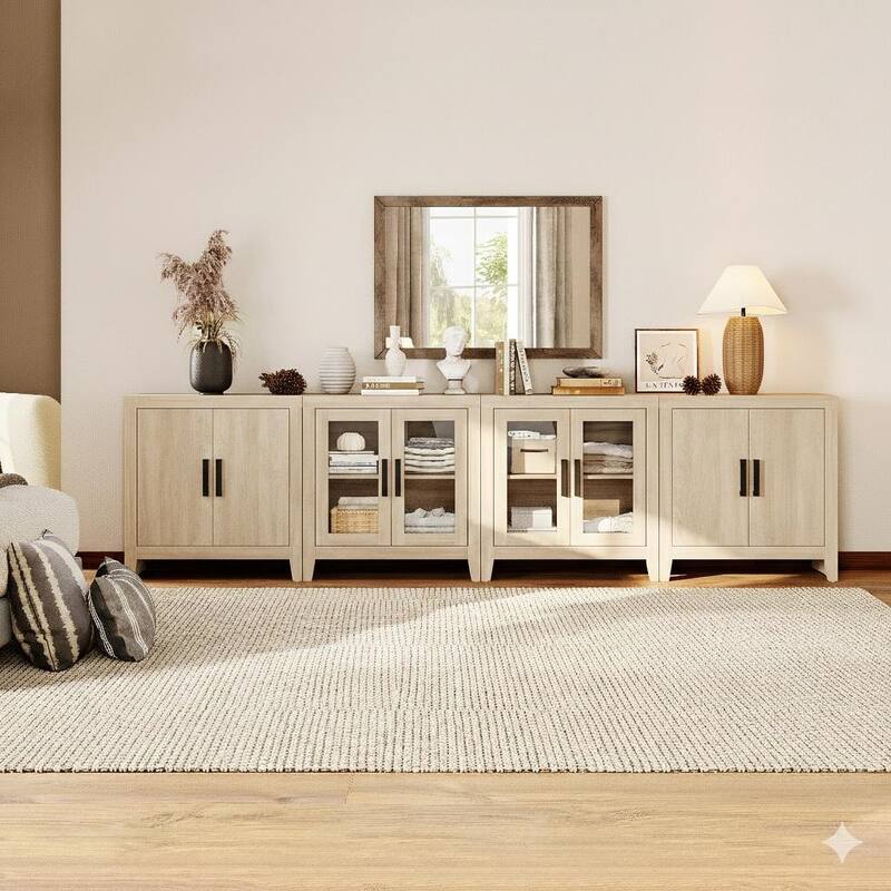 WAMPAT Large Farmhouse TV Stand with Glass Door & Cabinet Storage, Rustic Media Console for up to 110-inch TVs